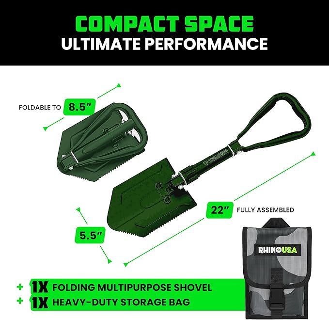 RHINO USA Folding Survival Shovel w/Pick - Heavy Duty Carbon Steel Military Style Entrenching Tool