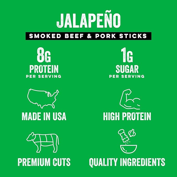 Chef's Cut Smoked Beef and Pork Jerky Meat Sticks, Jalapeño (1 Ounce Stick, Pack of 12) - High