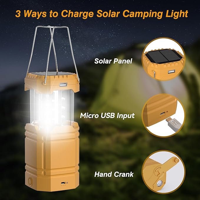 3000mAh Large Capacity Hand Crank Solar Camping Lantern, Portable Ultra Bright LED Torch, 23-26