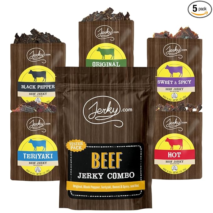 Jerky.com Beef Jerky Sampler Pack – 5 Flavors (Original, Black Pepper, Teriyaki, Sweet & Spicy