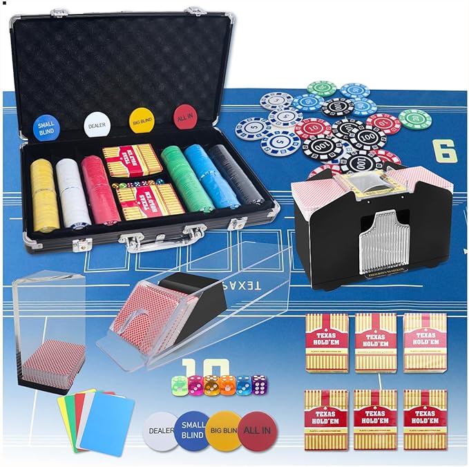 Poker Set, Casino Game Set Blackjack Set with Casino Chips, Deck Shuffler, 300pcs Poker Chips