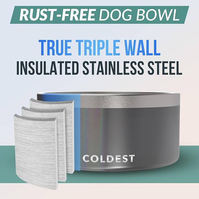 Coldest Dog Bowl - Anti Rust Metal, Non Slip, 3 Layers Insulated Stainless Steel Dog Bowls - Spill