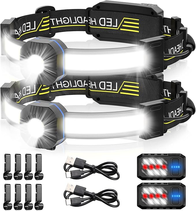 LED Headlamp, 1000lumens 230° Widebeam Headlight, USB Rechargeable HeadLamp with Red Taillight