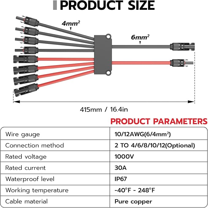 1 Pair Solar Connectors Y Branch 2 to 8,Solar Parallel Connectors for 2-4 Solar Panels,10AWG
