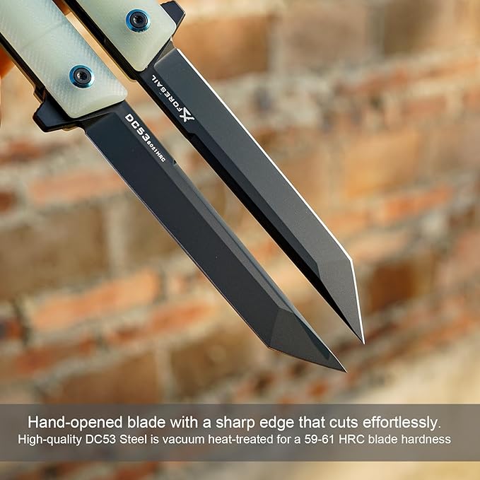 Flipper Pocket Folding Knife,DC53 Steel Blade and G10 Handle. With pocket clip and glass