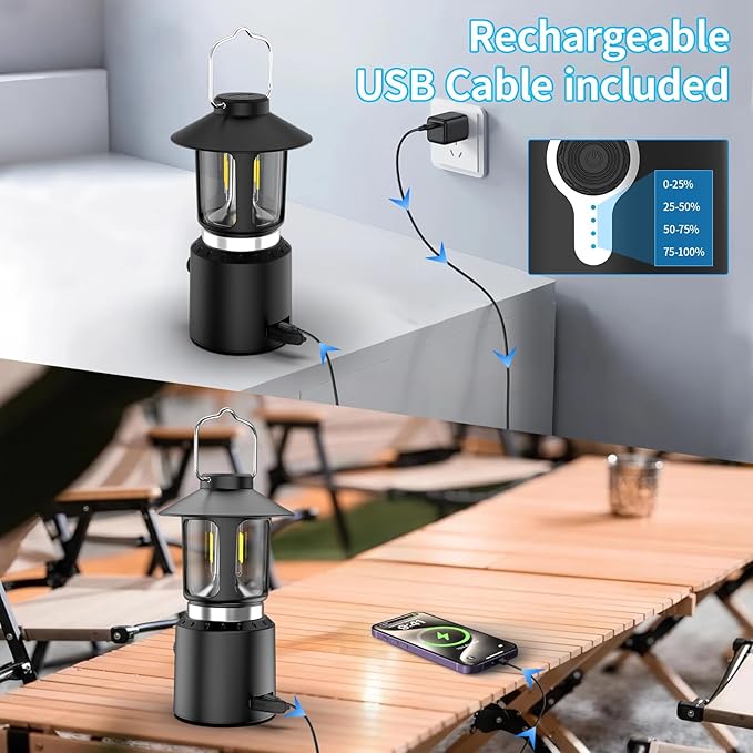 Retro Classic LED Camping Lantern, Rechargeable Stepless Dimming Vintage Lantern, 3 Light Modes