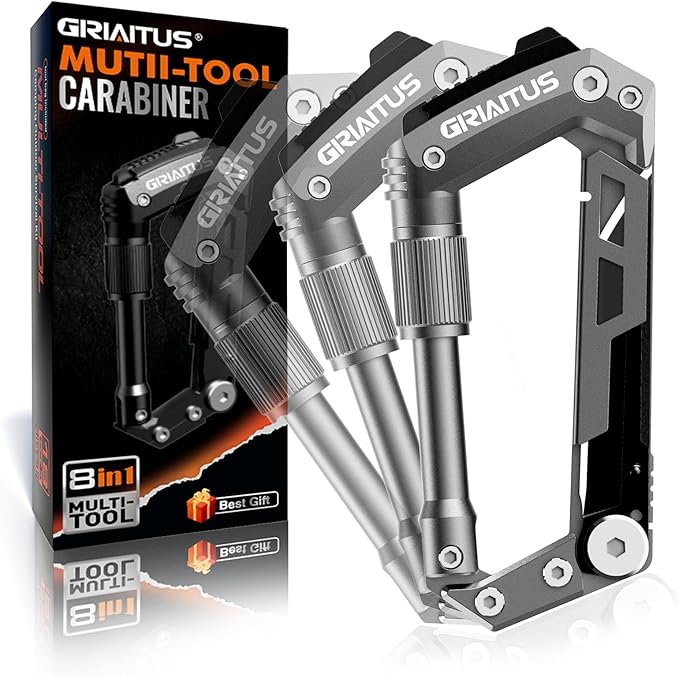 Carabiner Multitool with Pocket Knives, 8-in-1 EDC Carabiners, Serrated Knife, Rope Cutter