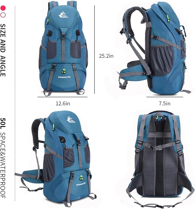 Bseash 50L Hiking Backpack, Water Resistant Lightweight Outdoor Sport Daypack Travel Bag for