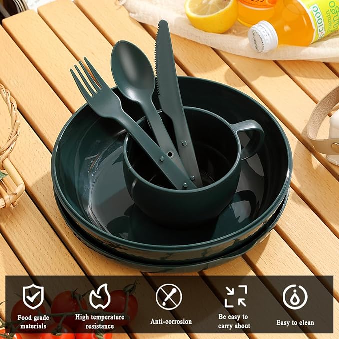 Berglander Camping Mess Kit with Bowl, Plate, Cup, Spoon, Fork, Knife and Carry Bag, Plastic