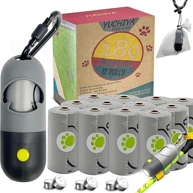 Dog Poop Bags Holder with LED Flashlight|Pet Waste Bags Dispenser for Leash|Doggie Potty Bags