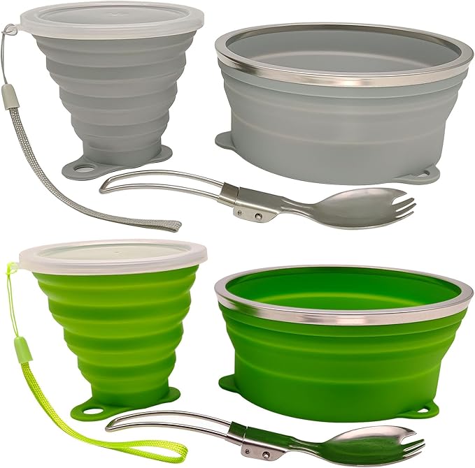 Mess Kit for Camping Silicone Collapsible Bowl Collapsible Cup and Stainless Steel Spoon for