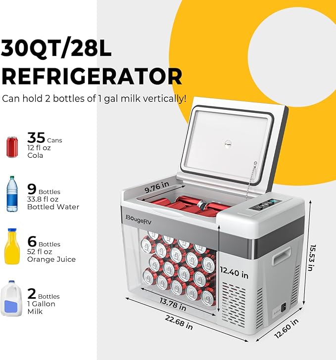 BougeRV 12 Volt Refrigerator With Cover 12V Car Fridge 30 Quart Portable Freezer Compressor Cooler