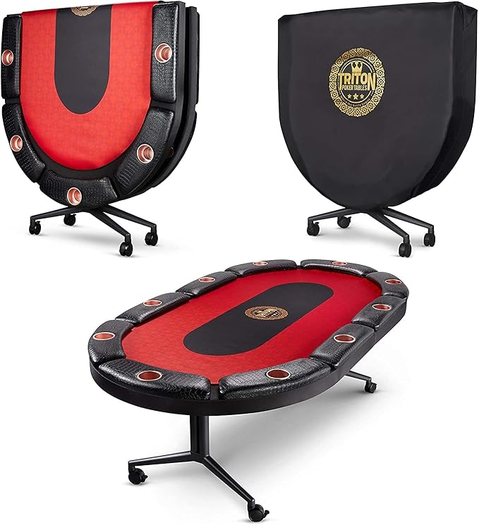 Triton Foldable Poker Table for 10 Players with Poker Chips Set 300- Soft-Padded Armrest