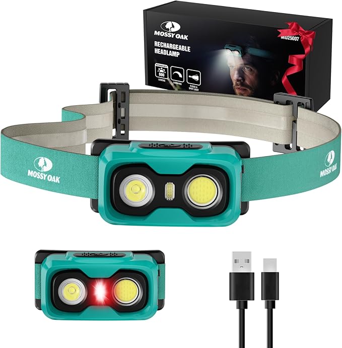 Mossy Oak 600 Lumens Rechargeable Headlamp, Lightweight LED Headlight with White & Red Light