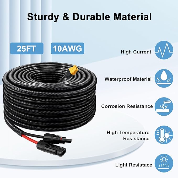 Solar to XT60 Cable 10AWG 25FT Solar Connector to XT60 Adapter Cable for Solar Panel to Battery RV