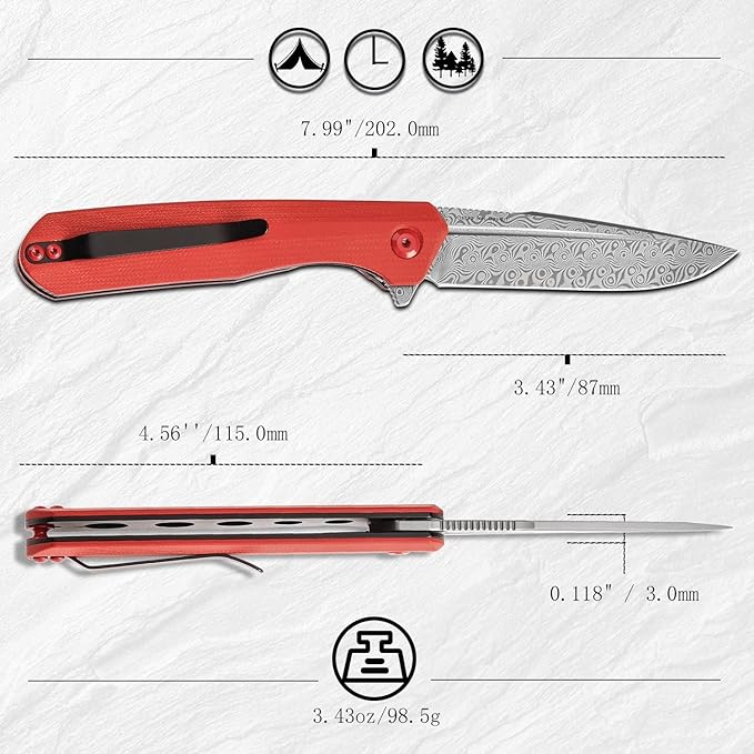 KANSEPT Qilin Pocket Knife,3.24'' Damascus Sharp Blade, Red G10 Handle for Edc, Flipper and Liner