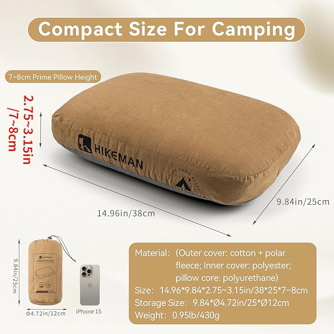 HIKEMAN Camping Memory Foam Pillow - Ultralight Travel Backpacking Ergonomic Pillow with Removable