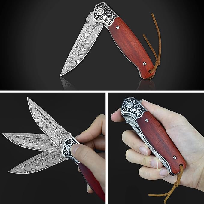 KOMWERO Damascus Pocket Knife, VG10 Damascus Steel Folding Knife with Wood Handle, Leather Sheath