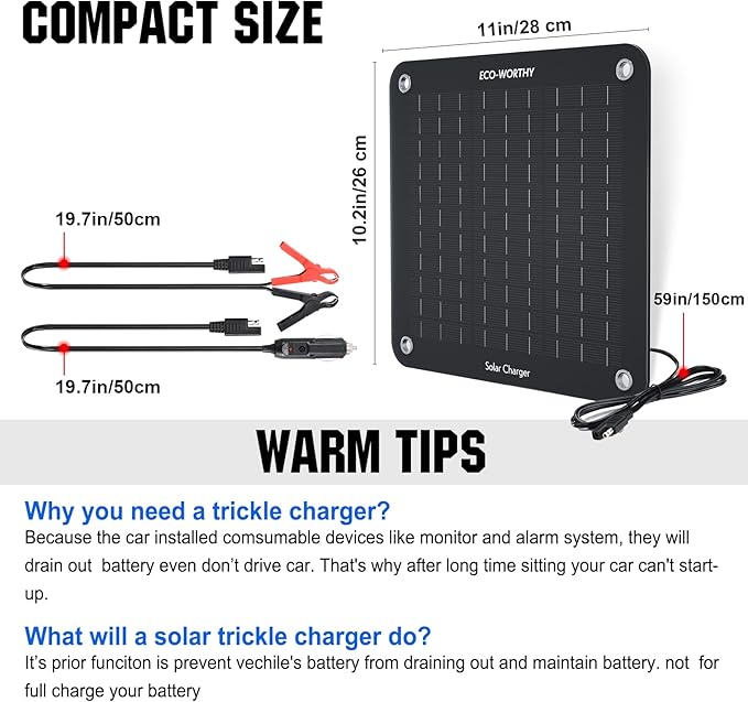 ECO-WORTHY 10W Solar Car Battery Charger Maintainer 12V Waterproof Portable Solar Trickle Charger