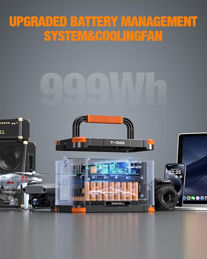GRECELL 999Wh Solar Generator 1000W, Portable Power Station with 60W USB-C PD Output, 110V Pure