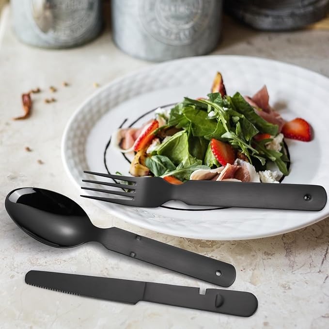 Portable Silverware Black Flatware Camping Cutlery Stainless Steel Spoon Fork Knife and Bottle