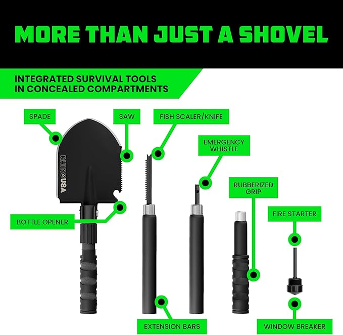 Rhino USA Survival Shovel w/Pick - Heavy Duty Carbon Steel Military Style Entrenching Tool for Off