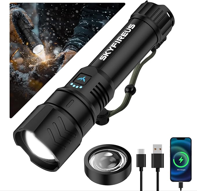SKYFIRE LED Flashlights High Lumens,2000lm Super Bright Rechargeable Flashlight with Ignition Lens