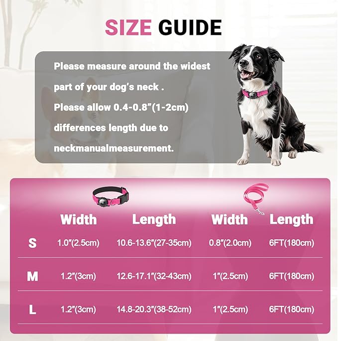 AirTag Dog Collar and Leash, IP68 Waterproof Integrated with Reflective, Ultra-Durable, Comfortable