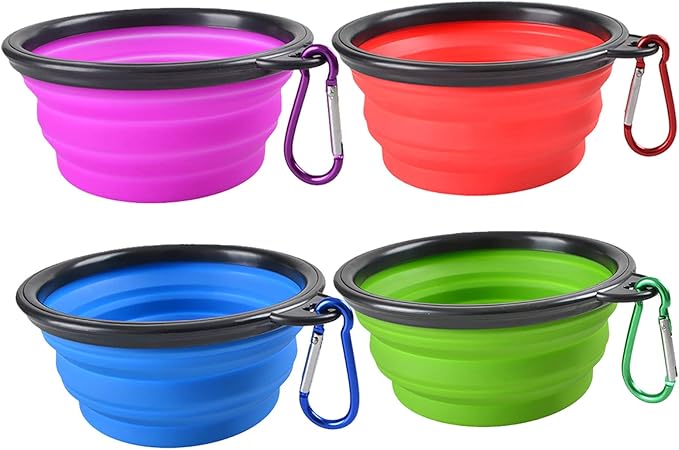 Collapsible Dog Bowls - 4 Pack, Portable Travel Water and Food Bowl with Carabiner Clip for Dogs
