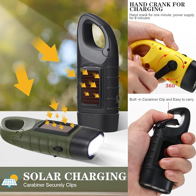 Leelosp 9 Pieces Hand Crank Flashlight Solar Powered Flashlight for Emergencies Dynamo Rechargeable
