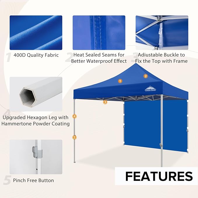 EAGLE PEAK 10x10 Heavy Duty Pop up Commercial Canopy Tent with One Removable Sidewall, Instant Sun