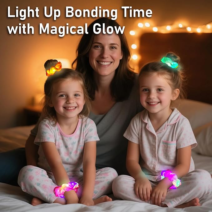 8 PCS Light up Scrunchies for Girls, Glow in the Dark Party Supplies, 3 Glow Mode Satin Scrunchy