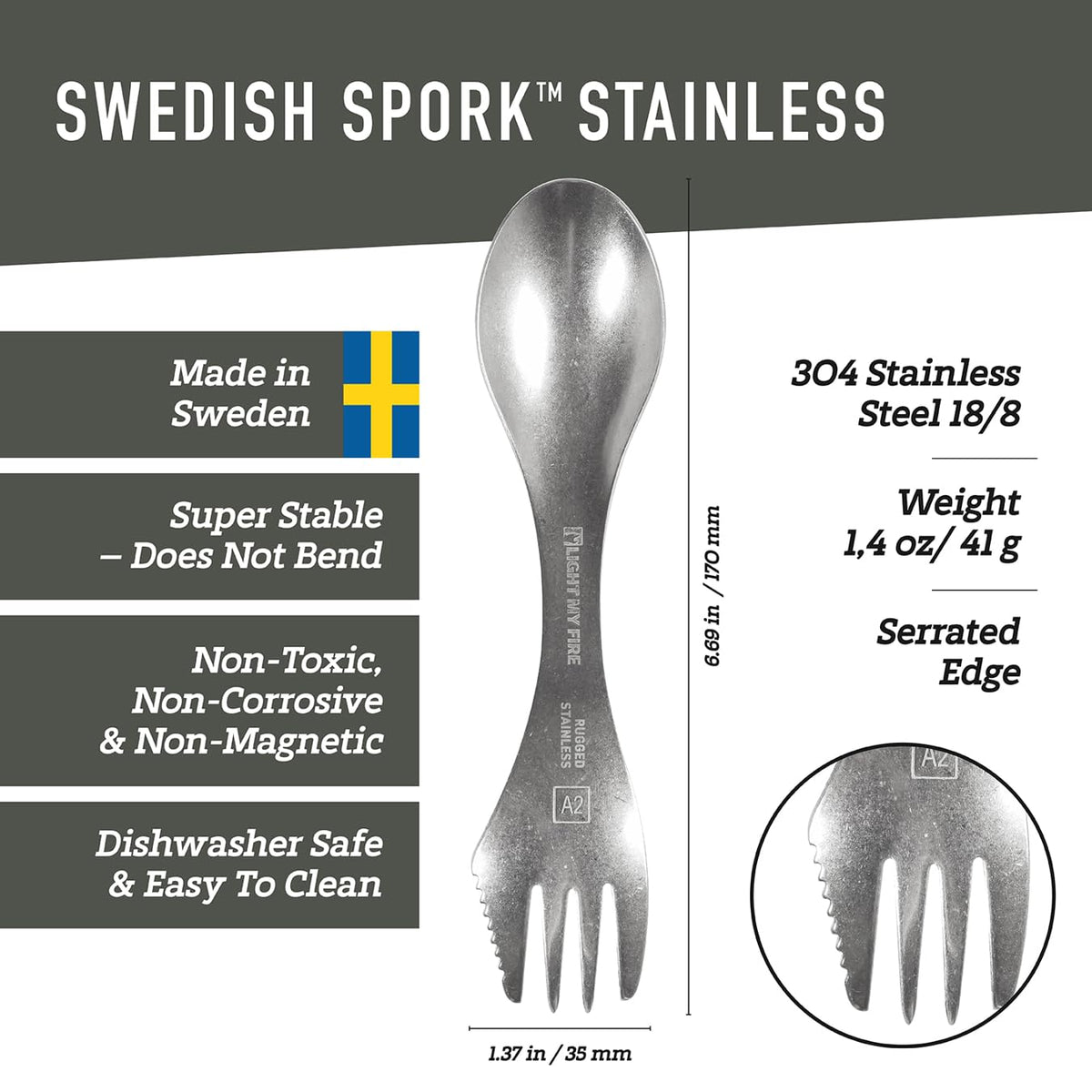 Light My Fire Sporks Stainless Steel (18/8) Camping Spork, Unbreakable Fork Spoon Knife Set