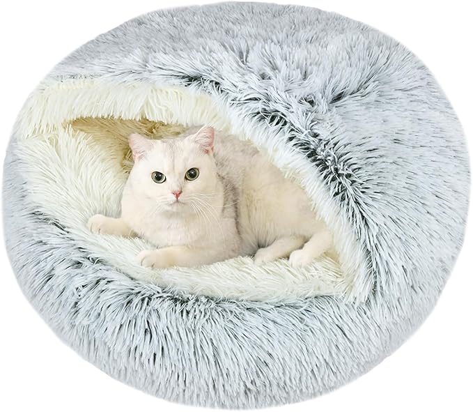 Calming Cat Beds, Fluffy Plush Round Cat Cave Washable, Cozy Warming Anti-Slip Small Dog Bed for