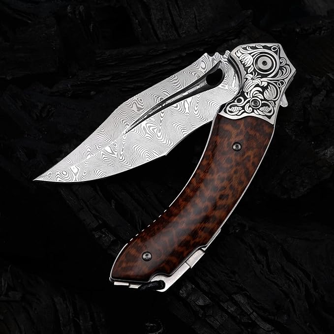 Japanese VG 10 Damascus Steel Folding Knife, Outdoor Wilderness Survival Pocket Knife, Snake Wood