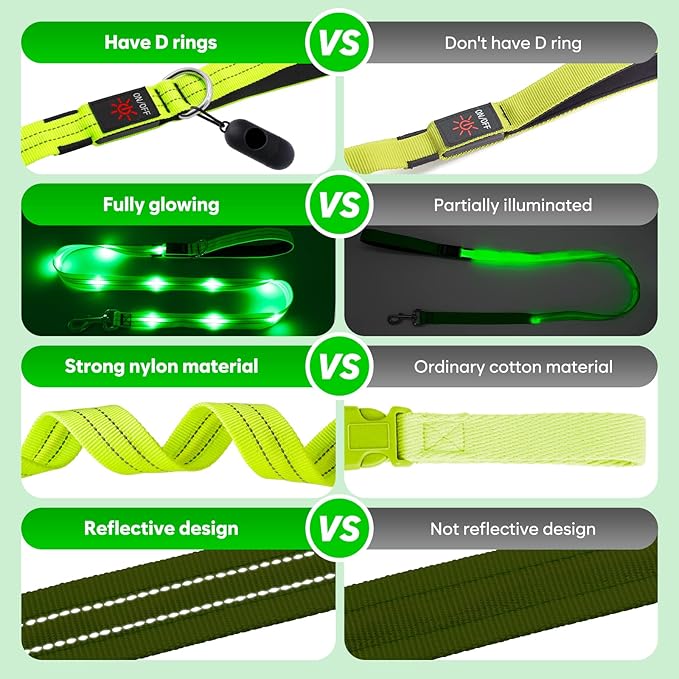 4 Ft LED Dog Leash, Rechargeable Light Up, Safety Glow in The Dark, Nylon Reflective with Padded