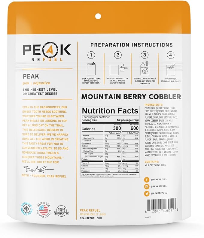 Peak Refuel Cobbler | Protein | Calories | 100% Real Ingredients | Premium Freeze Dried Backpacking
