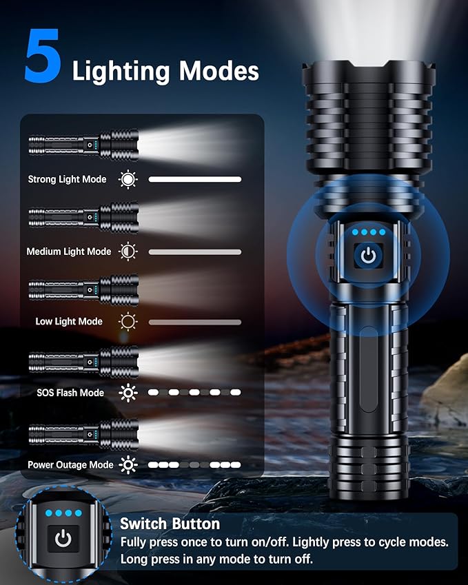 Super Bright Rechargeable LED Flashlights 5000.000 High Lumens, Flashlights High Lumens Up to 25H