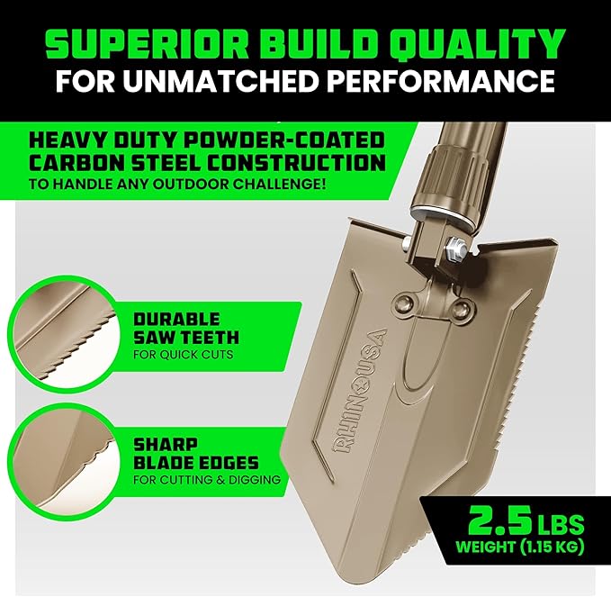 RHINO USA Folding Survival Shovel w/Pick - Heavy Duty Carbon Steel Military Style Entrenching Tool