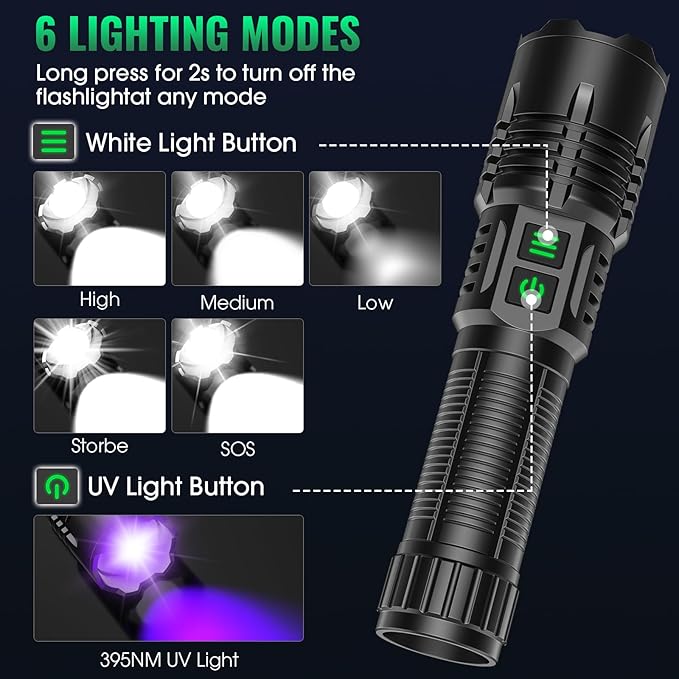 AdamStar UV&High Lumens Flashlight Rechargeable, 2-in-1 Powerful Blacklight LED Flashlight Tactical