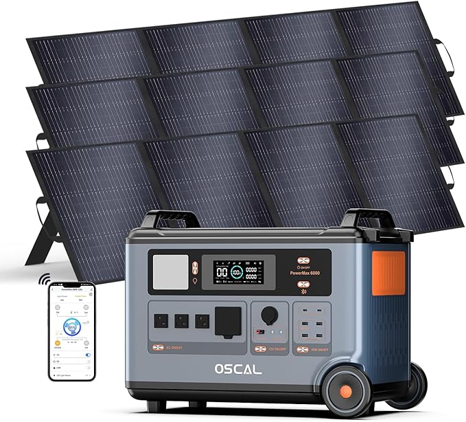 OSCAL PowerMax 6000 Solar Generator with 3x200W Solar Panel, 120V/240V 3600Wh Power Station 6000W