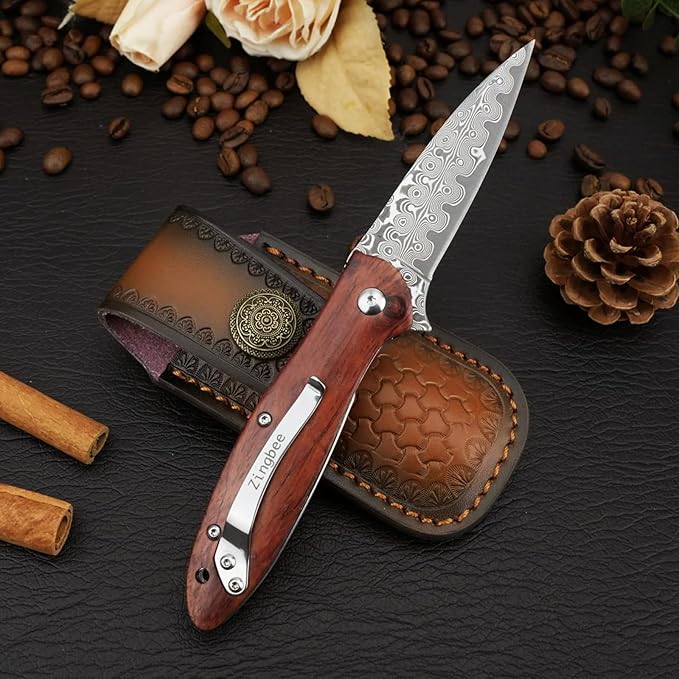 Damascus Pocket Knife with Sheath, 2.87" Damascus Steel Blade Knife with Wood Handle, EDC Folding