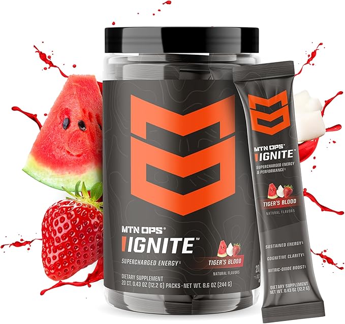 MTN OPS Ignite Trail Packs Energy Drink Powder, Gluten Free Nootropic Supplement Drink Mix, L