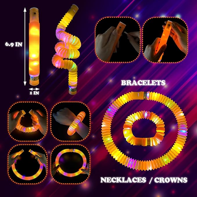 24 PCS Orange Glow Sticks Pop Tubes for Toddlers,Light Up Necklaces Bracelets Accessories for