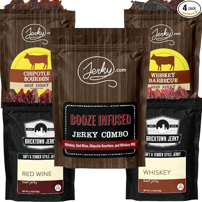 Jerky.com Booze-Infused Jerky Combo - Featuring Flavors Whiskey, Chipotle Bourbon, Whiskey BBQ, Red