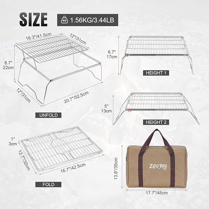 ZORMY 17" Large Folding Campfire Grill, 304 Stainless Steel Firepit Grill Grate, Heavy Duty