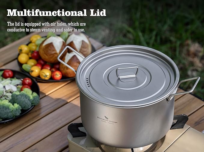 iBasingo 2.4L Titanium Soup Pot with Lid Camping Cookware with Foldable Handle Portable Lightweight