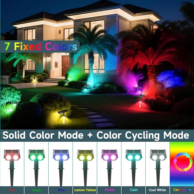 RGB Solar Spot Lights : 2 IN 1 Solar Lights Outdoor with 8 Lighting Modes & PC Light Guide Column