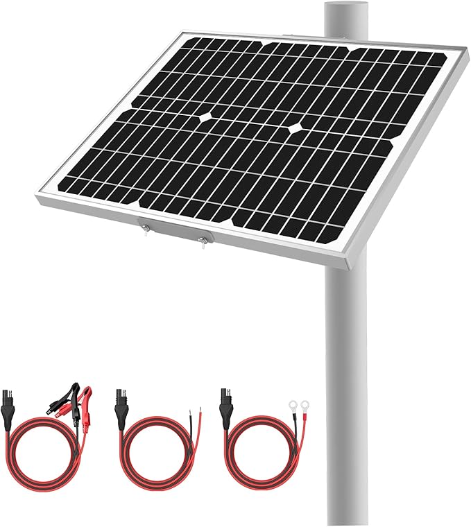 12V Waterproof Solar Battery Trickle Charger & Maintainer - 20 Watts Mono Solar Panel Built-in
