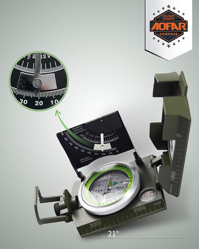 AOFAR AF-4074 Military Compass for Hiking,Lensatic Sighting Waterproof,Durable,Inclinometer for